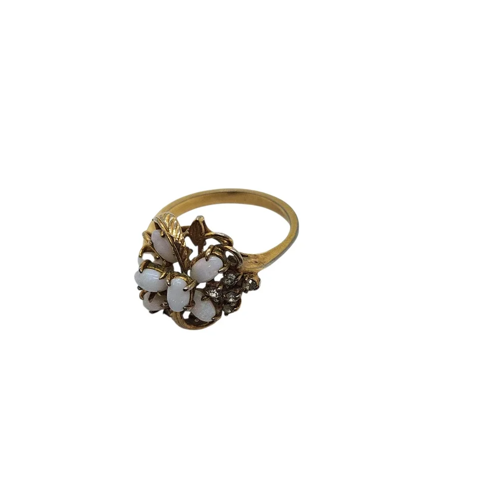 Vintage Opalene Rhinestone Cocktail Ring Gold Plated Floral Leaf Cluster Size 9